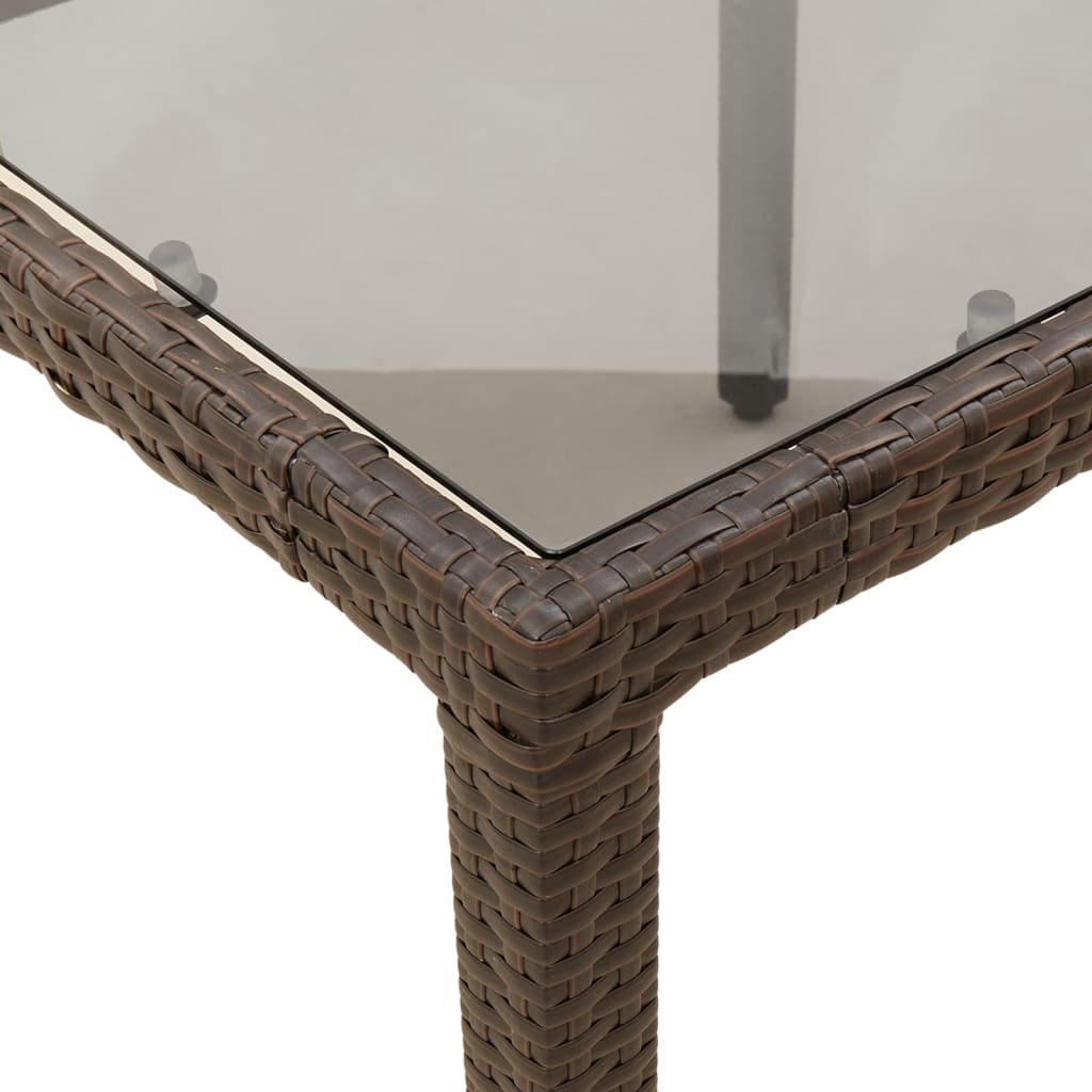 vidaXL dārza galds ar stikla virsmu, 90x90x75 cm, brūna PE rotangpalma