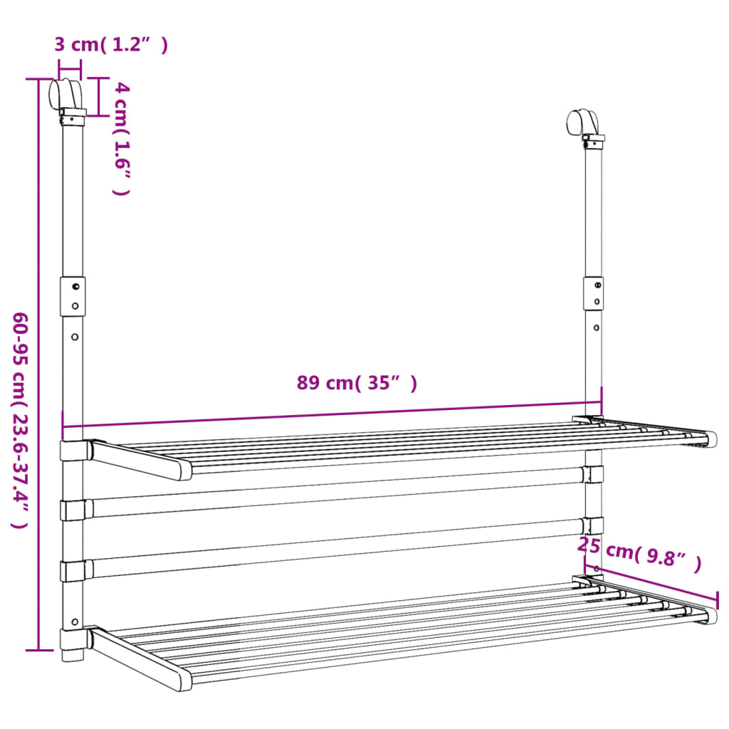 vidaXL žāvēšanas statīvs balkonam, 89x25x(60-95) cm, alumīnijs