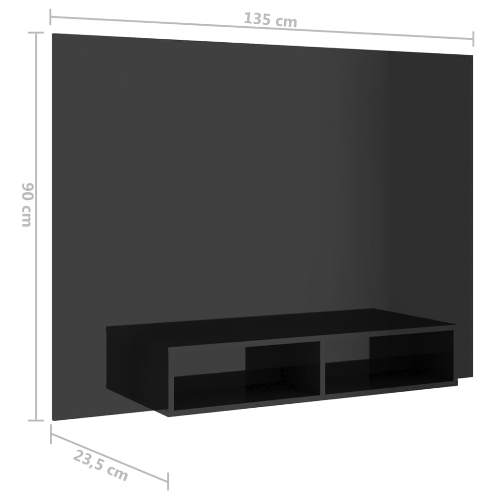 vidaXL sienas TV plaukts, spīdīgi melns, 135x23,5x90 cm, skaidu plātne
