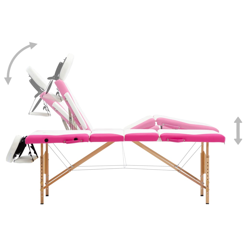 vidaXL saliekams masāžas galds, 4 daļas, koks, balts ar rozā