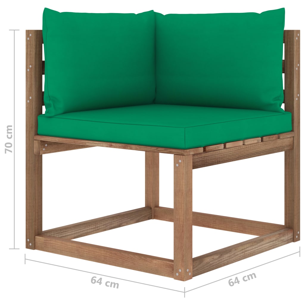 vidaXL dārza palešu stūra dīvāns ar zaļiem matračiem