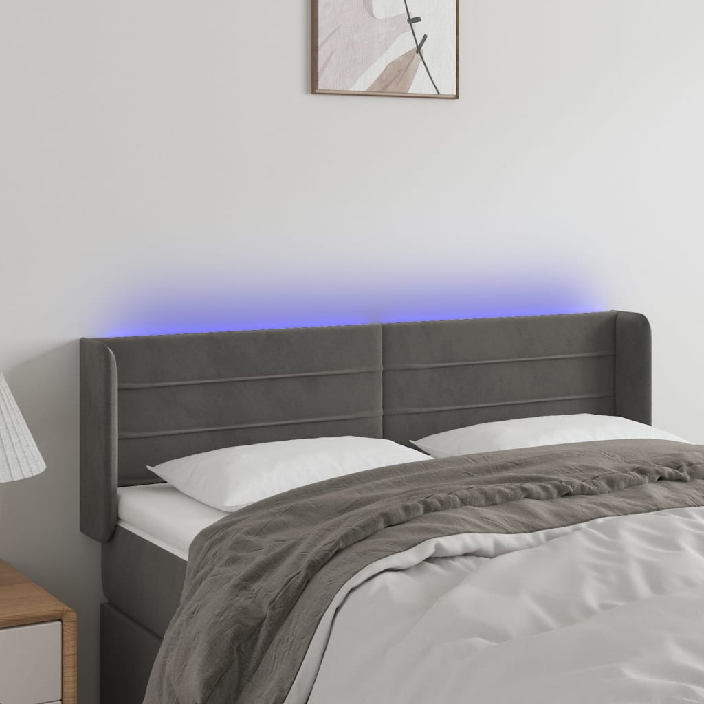 vidaXL gultas galvgalis ar LED, 147x16x78/88 cm, tumši pelēks samts