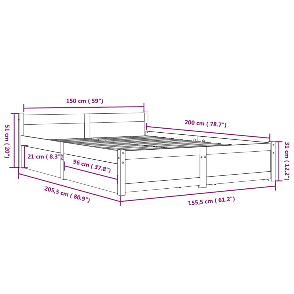 vidaXL gultas rāmis ar atvilktnēm, melns, 150x200 cm, divvietīgs