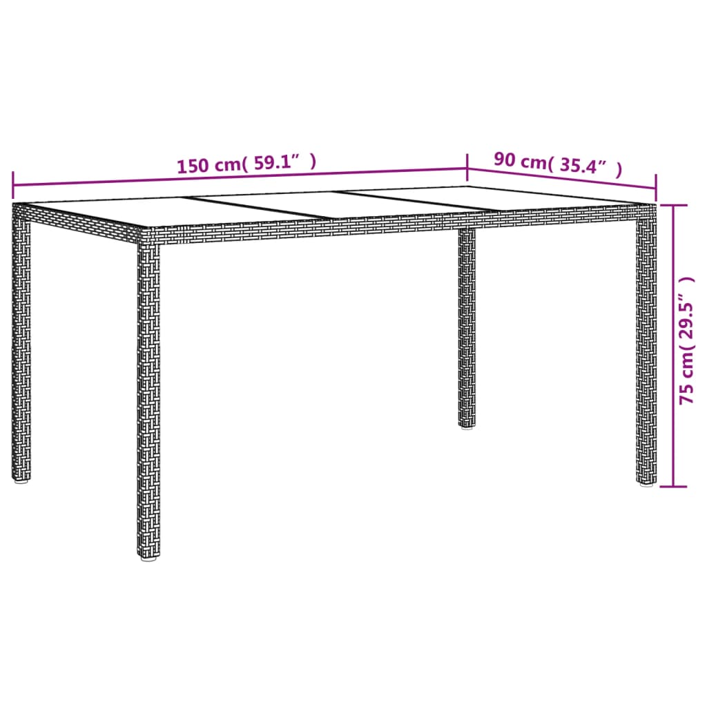 vidaXL dārza galds, 150x90x75 cm, rūdīts stikls, mākslīgā rotangpalma