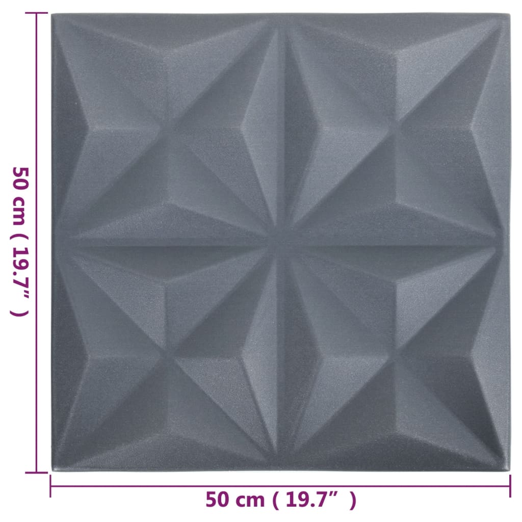 vidaXL 3D sienas paneļi, 48 gab., 50x50 cm, pelēks origami, 12 m²