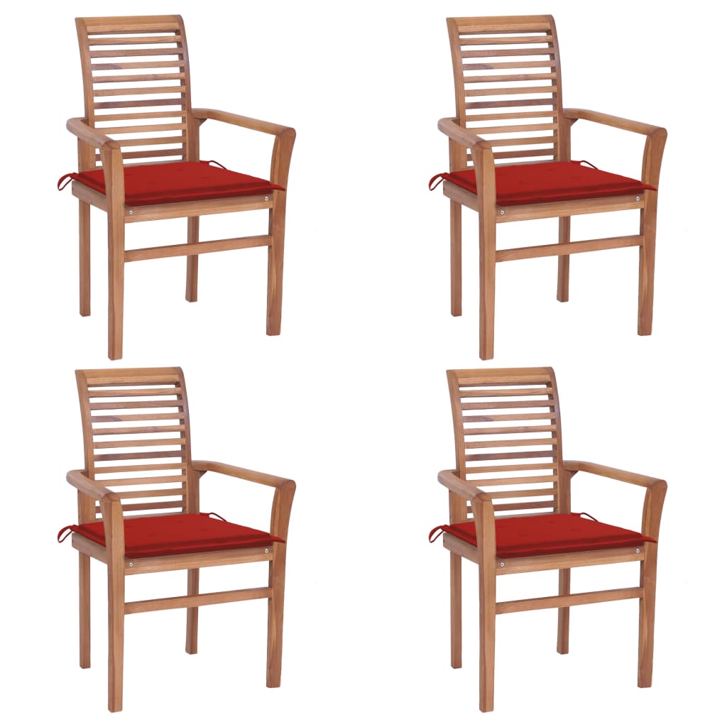 vidaXL virtuves krēsli, 4 gab., sarkani matrači, masīvs tīkkoks