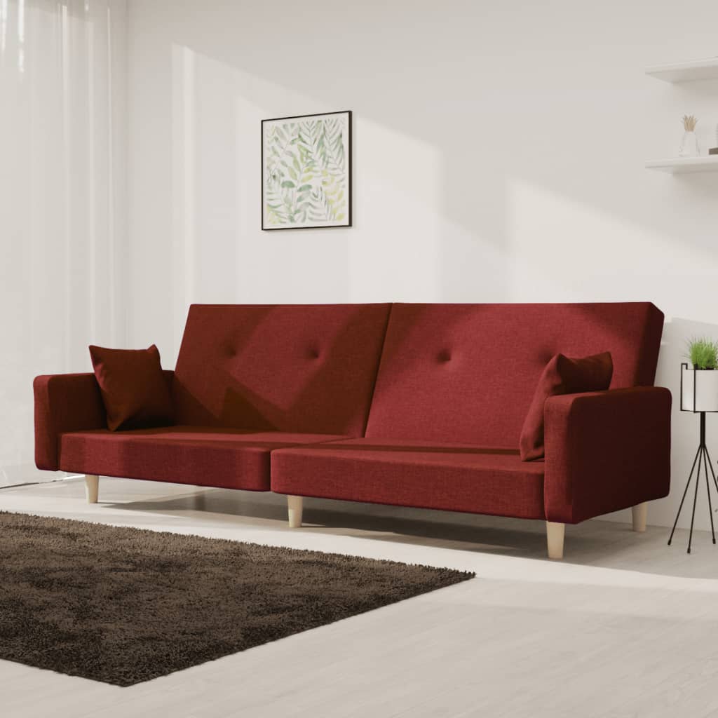 vidaXL 2-vietīga dīvāngulta ar diviem spilveniem, vīnsarkans audums