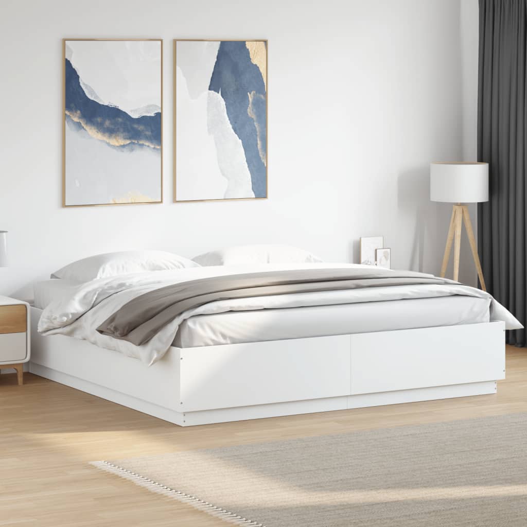 vidaXL gultas rāmis ar LED, 200x200 cm, inženierijas koks, balts