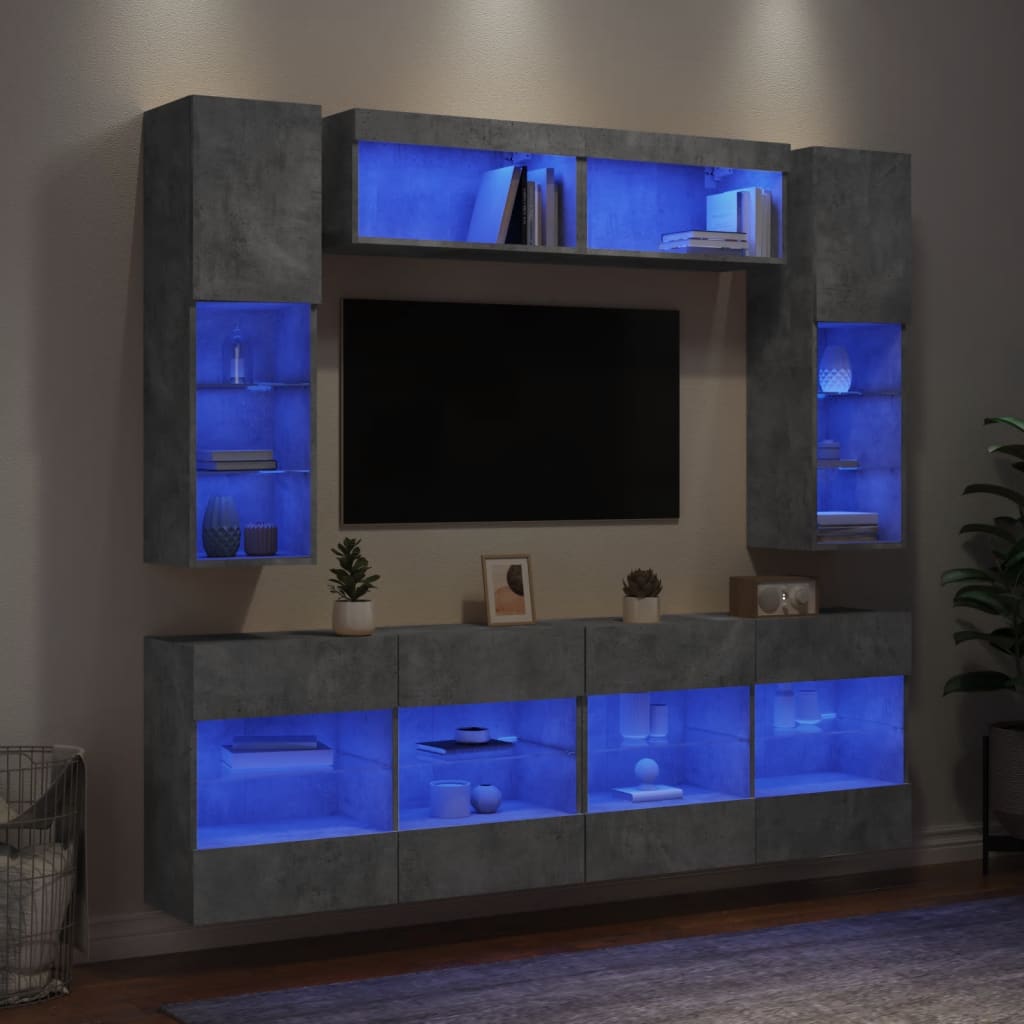 vidaXL TV sienas skapīši ar LED, 6 gab., betona pelēki