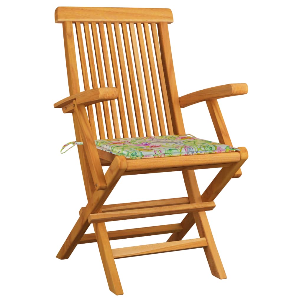 vidaXL dārza krēsli, matrači ar lapu apdruku, 3 gab., masīvs tīkkoks
