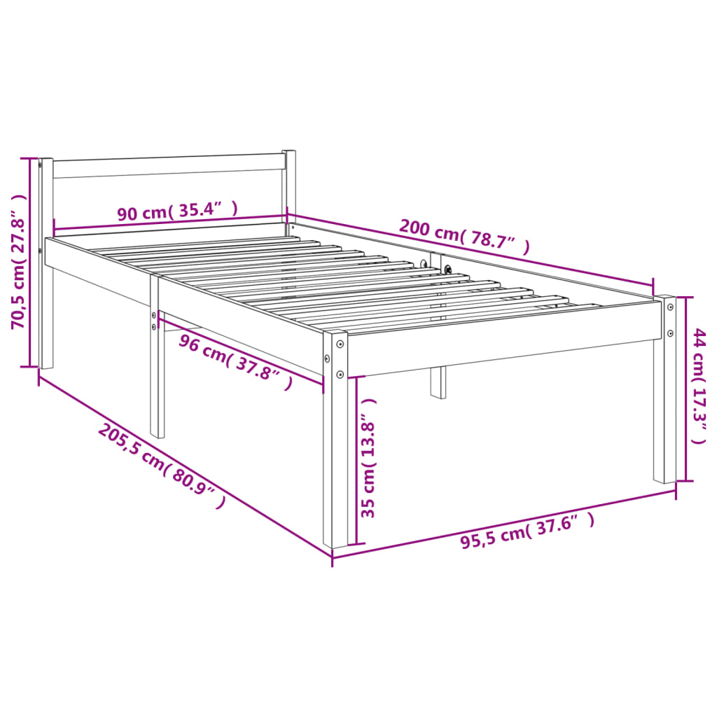 vidaXL senioru gultas rāmis, 90x200 cm, priedes masīvkoks