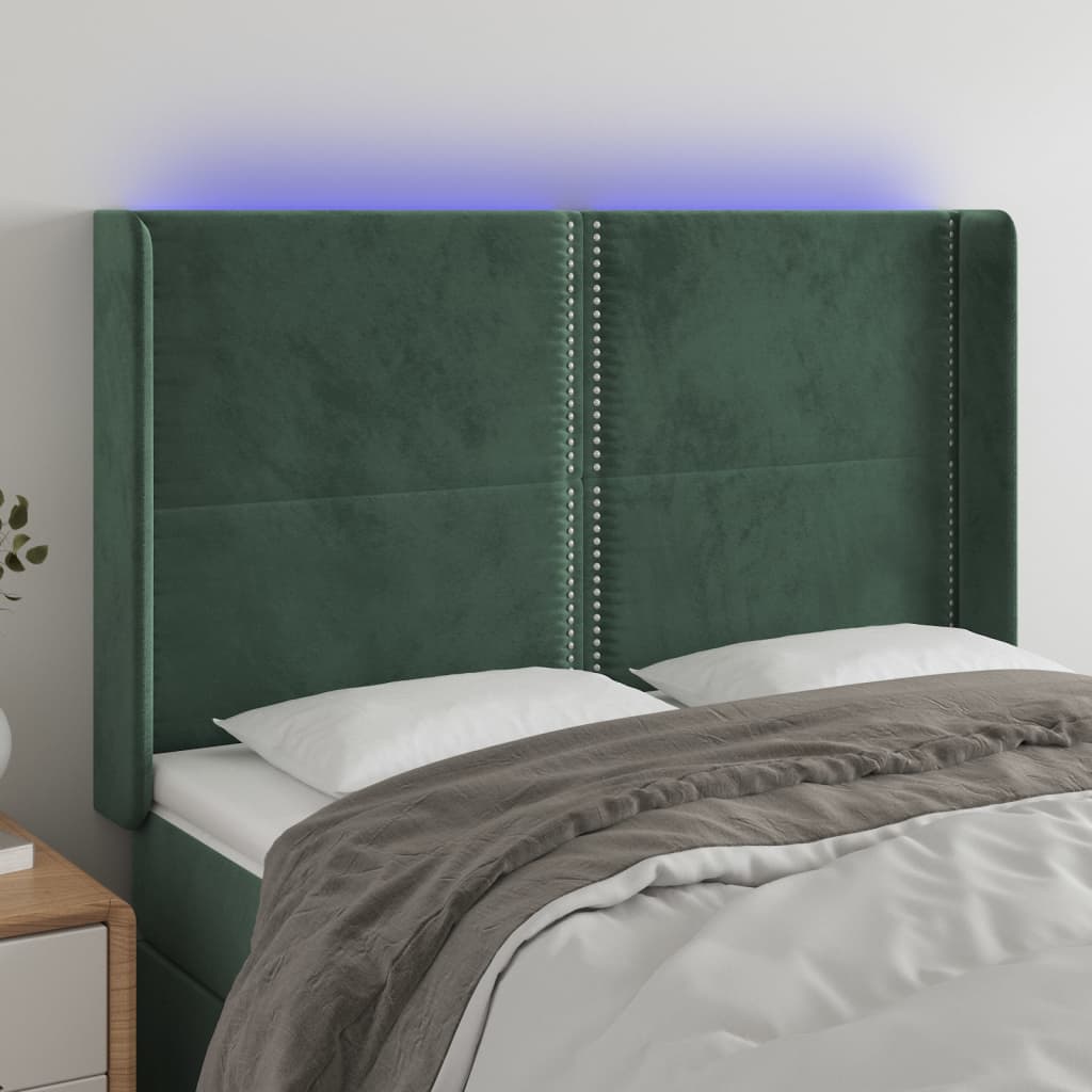 vidaXL gultas galvgalis ar LED, 147x16x118/128 cm, tumši zaļš samts