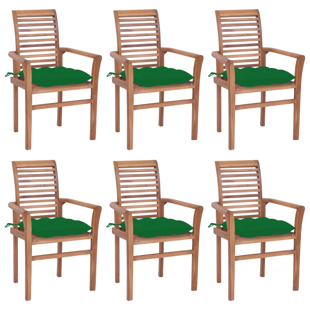 vidaXL virtuves krēsli, 6 gab., zaļi matrači, masīvs tīkkoks