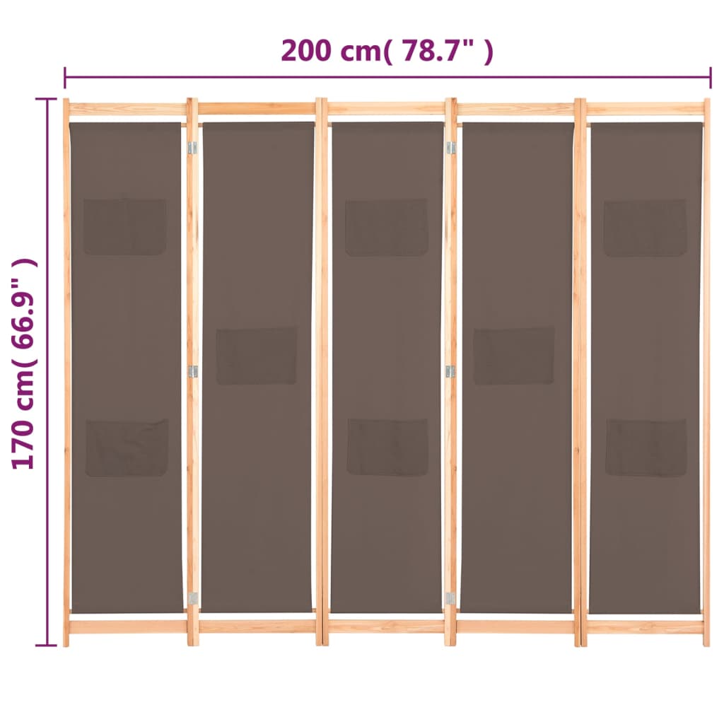 vidaXL 5-paneļu istabas aizslietnis, 200x170x4 cm, brūns audums