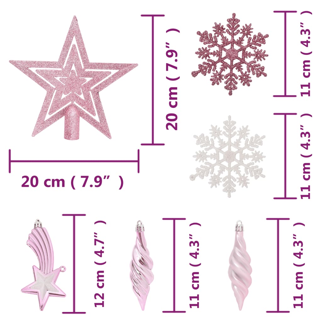 vidaXL Ziemassvētku eglīšu rotājumi, 65 gab., rozā/sarkani/balti