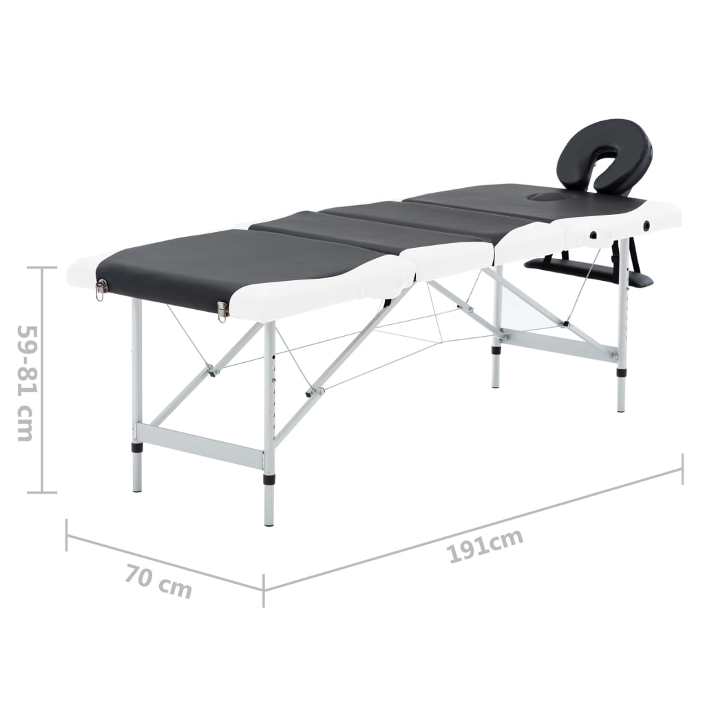 vidaXL saliekams masāžas galds, 2 daļas, alumīnijs, melns ar baltu