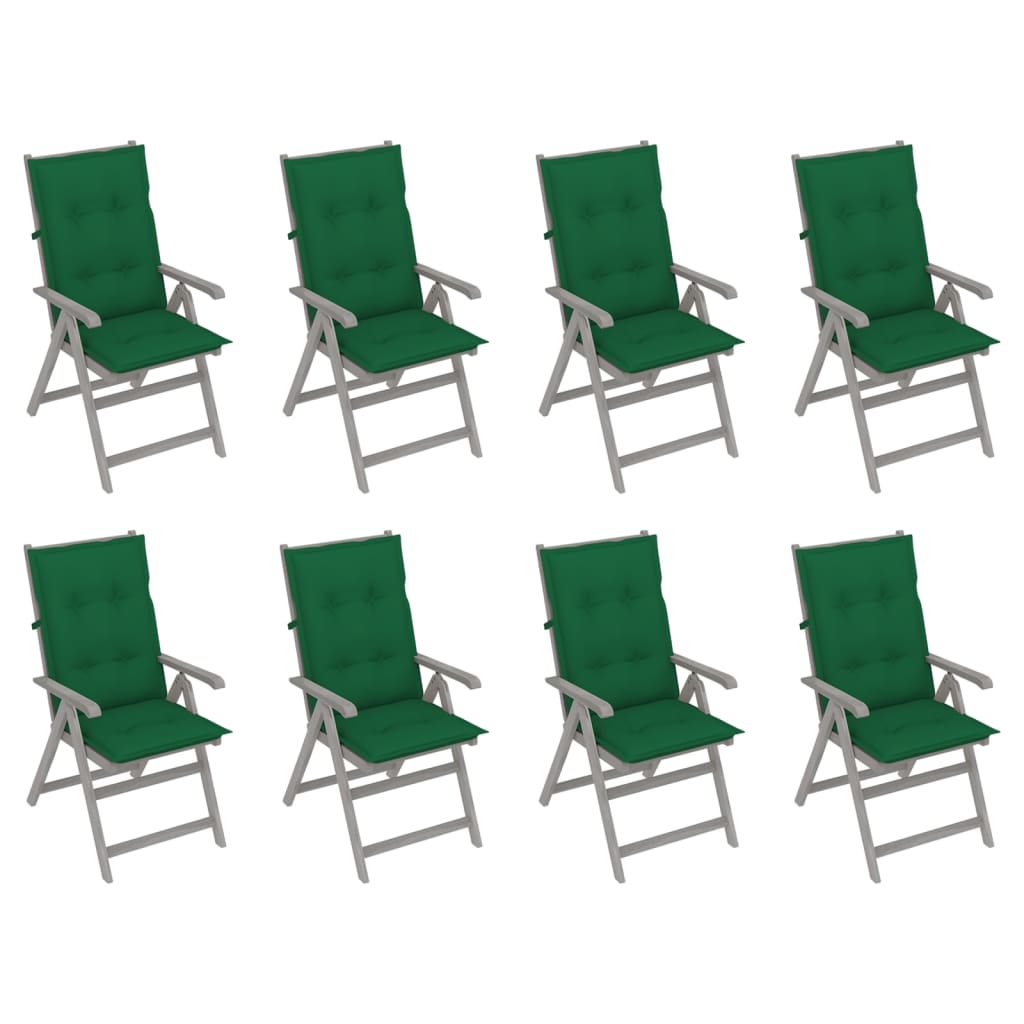 vidaXL atgāžami dārza krēsli ar matračiem, 8 gab., pelēki, akācija