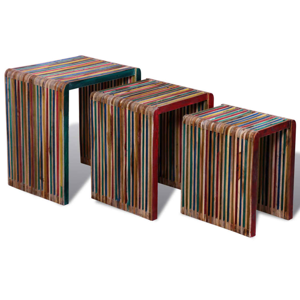 vidaXL kafijas galdiņi, 3 gb., sabīdāmi, pārstrādāts tīkkoks, krāsaini