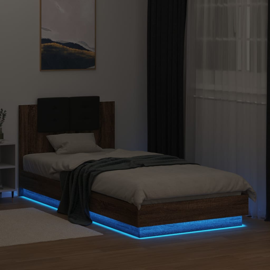 vidaXL gultas rāmis ar galvgali un LED, brūna koka krāsa, 90x200 cm