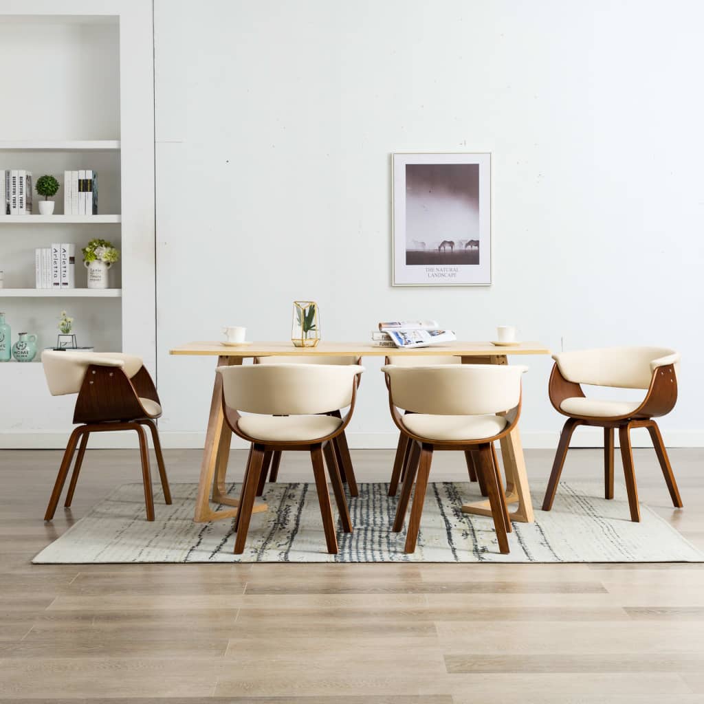 vidaXL virtuves krēsli, 6 gab., krēmkrāsas, liekts koks un mākslīgā āda
