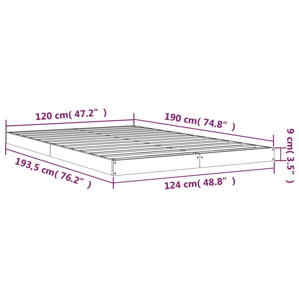 vidaXL gultas rāmis, 120x190 cm, mazs divvietīgs, priedes masīvkoks