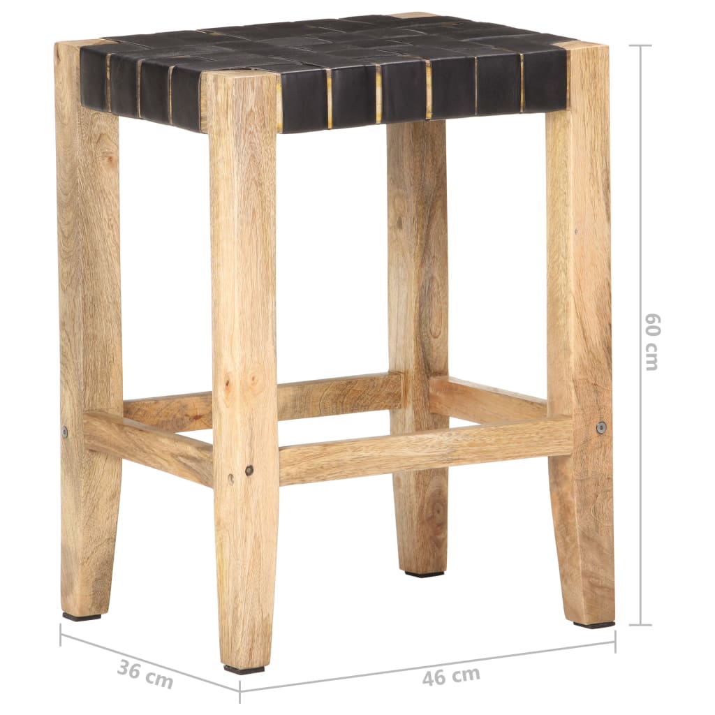 vidaXL bāra krēsli, 2 gab., melna dabīgā āda, mango koks, 46x36x60 cm