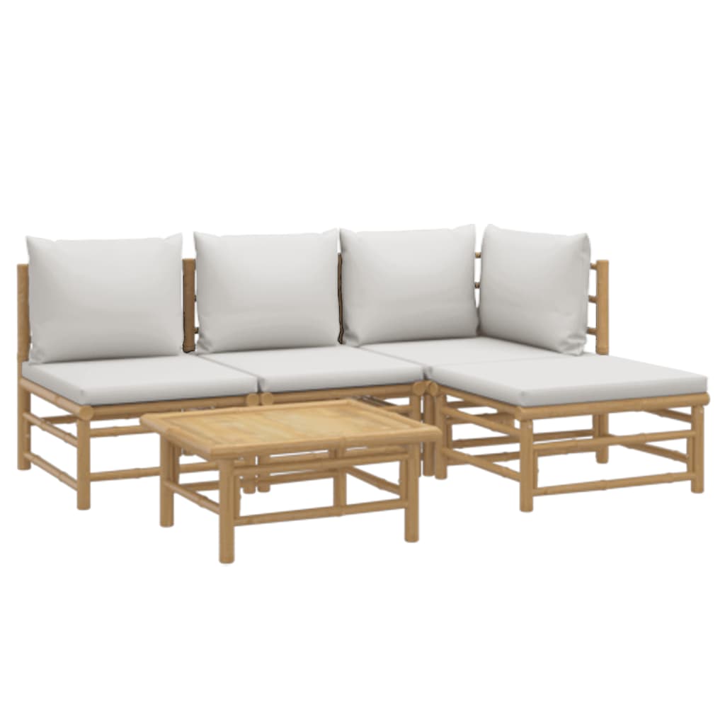 vidaXL 5-daļīgs dārza dīvānu komplekts ar pelēkiem matračiem, bambuss