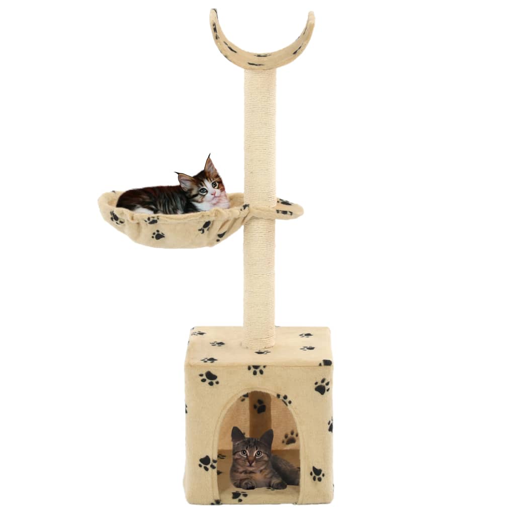 vidaXL kaķu māja, stabi nagu asināšanai, bēša, 105 cm, ar ķepu apdruku