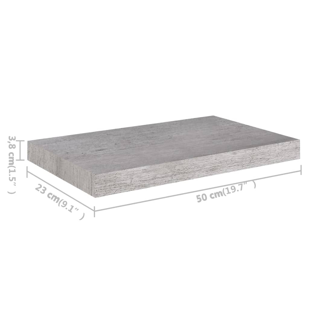 vidaXL sienas plaukti, 2 gab., betona pelēki, 50x23x3,8 cm, MDF