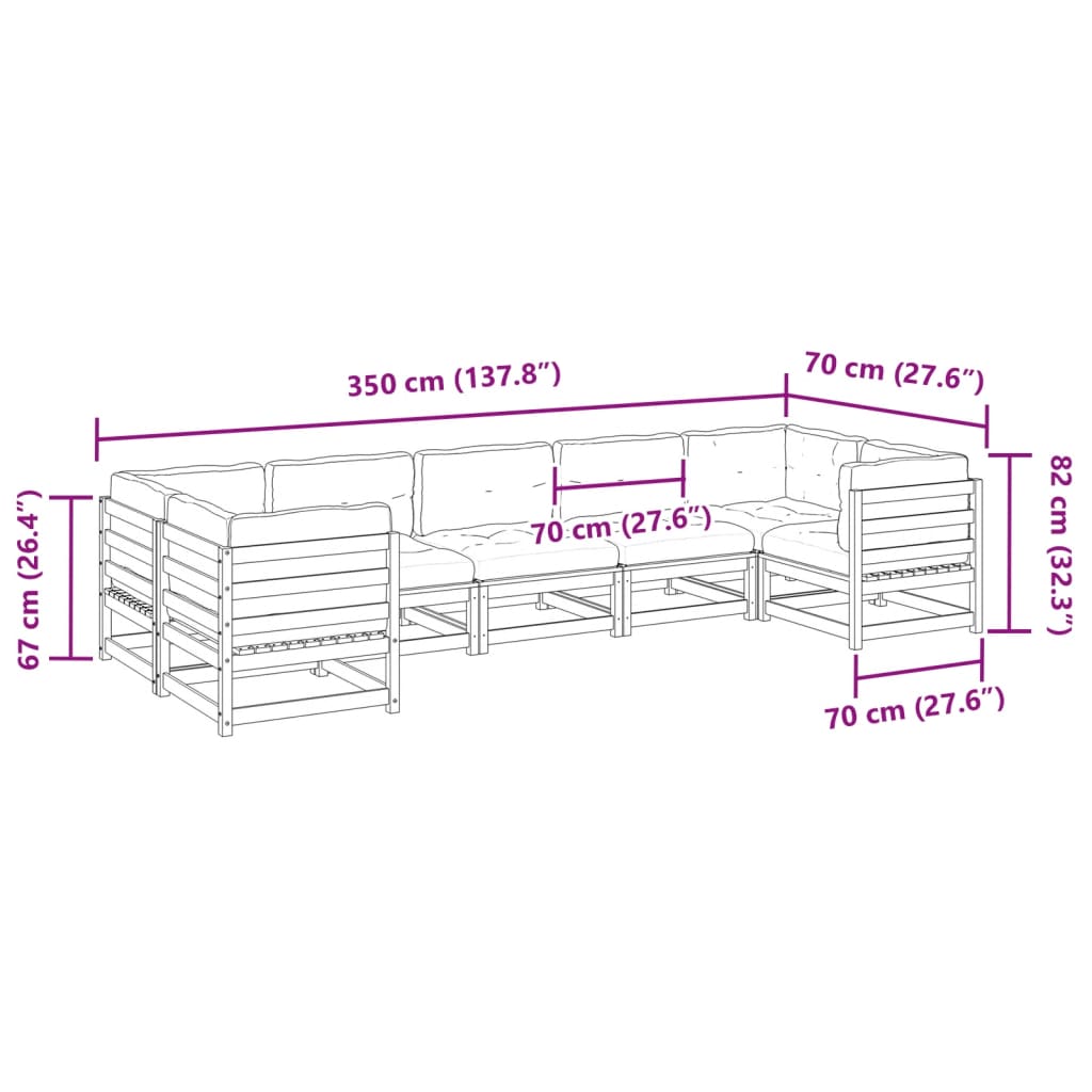 vidaXL 7-daļīgs dārza dīvānu komplekts, matrači, brūns priedes koks