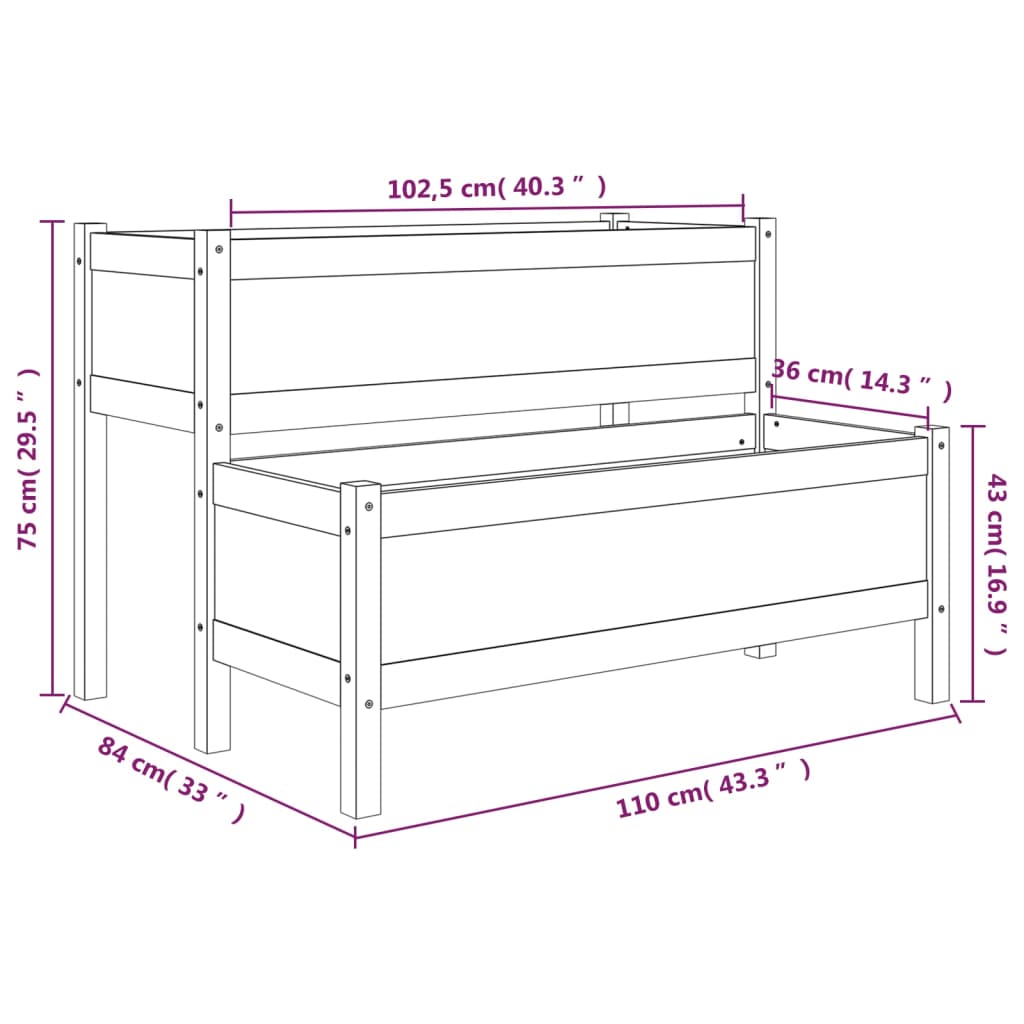 vidaXL puķu kaste, melna, 110x84x75 cm, priedes masīvkoks