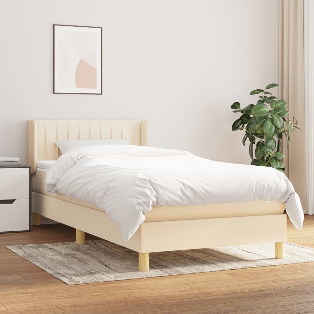 vidaXL atsperu gultas rāmis ar matraci, krēmkrāsas, 90x200 cm, audums
