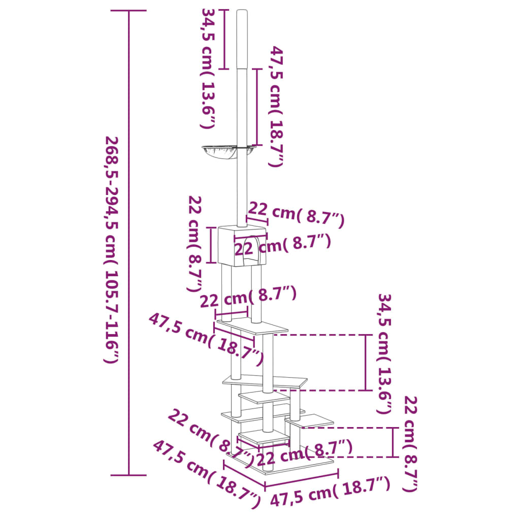 vidaXL kaķu māja līdz griestiem, krēmkrāsas, 268,5-294,5 cm