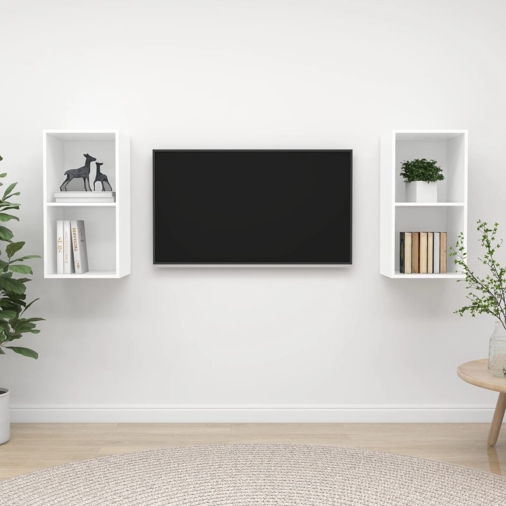 vidaXL sienas TV plaukti, 2 gab., balti, skaidu plāksne