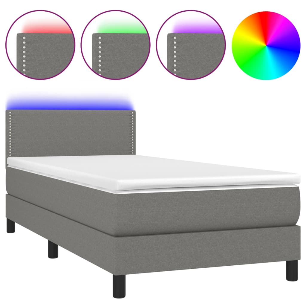 vidaXL atsperu gulta ar matraci, LED, tumši pelēks audums, 90x190 cm