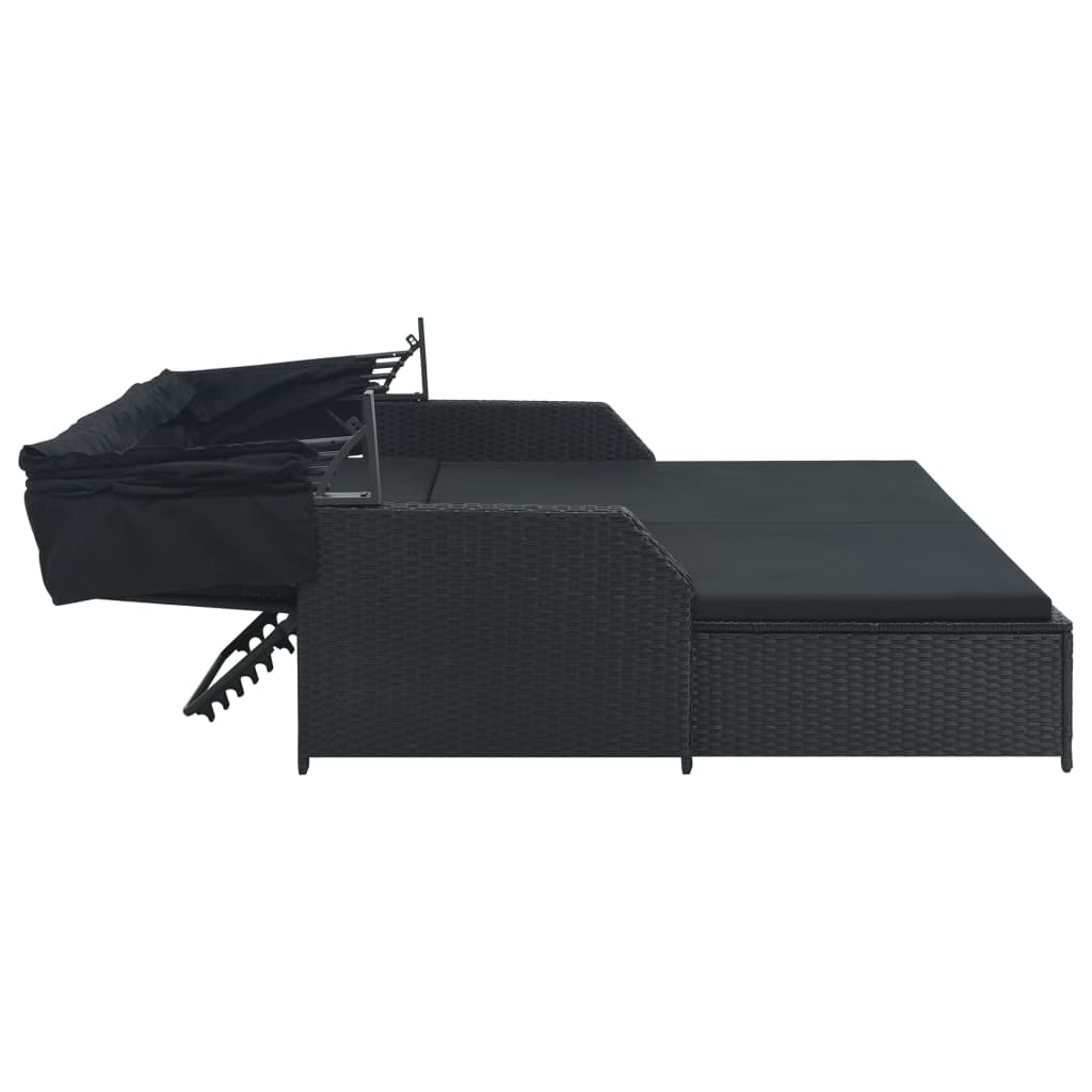 vidaXL divvietīgs sauļošanās zvilnis ar jumtiņu, melna PE rotangpalma