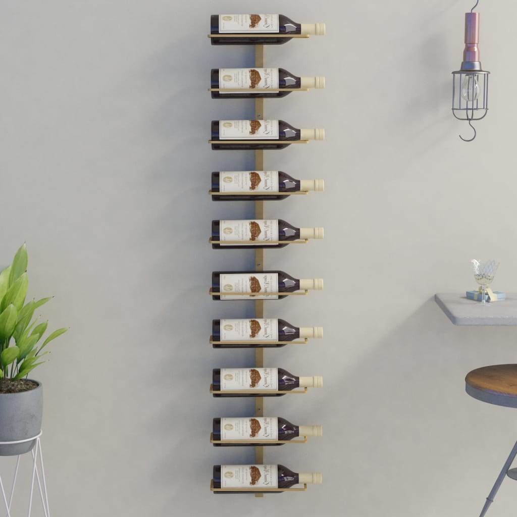 vidaXL vīna pudeļu sienas plaukts 10 pudelēm, zeltains metāls