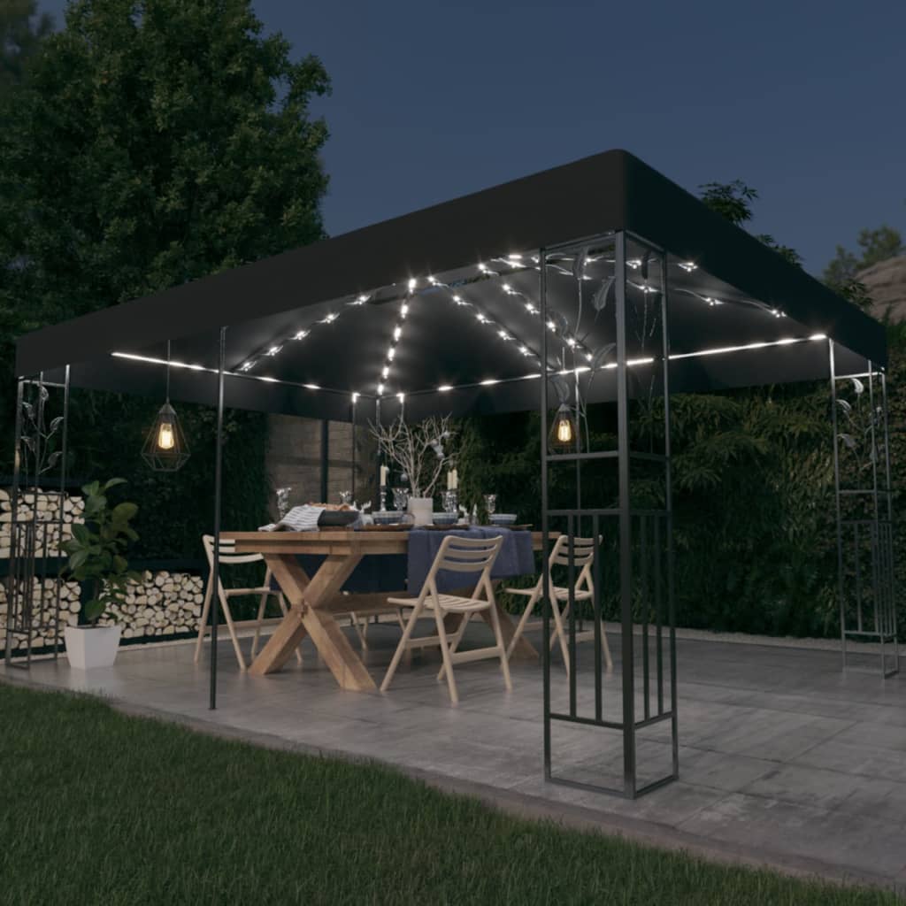 vidaXL dārza nojume ar dubulto jumtu un LED lampiņām, 3x4 m, pelēka