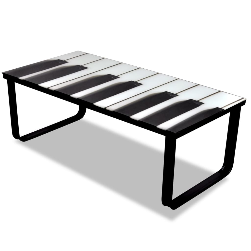 vidaXL kafijas galdiņš ar stikla virsmu, klavieru taustiņu apdruka