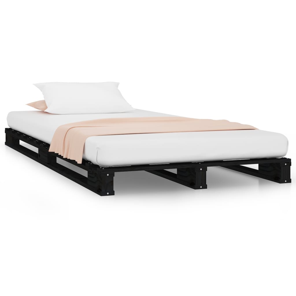 vidaXL palešu gulta, melna, 100x200 cm, priedes masīvkoks