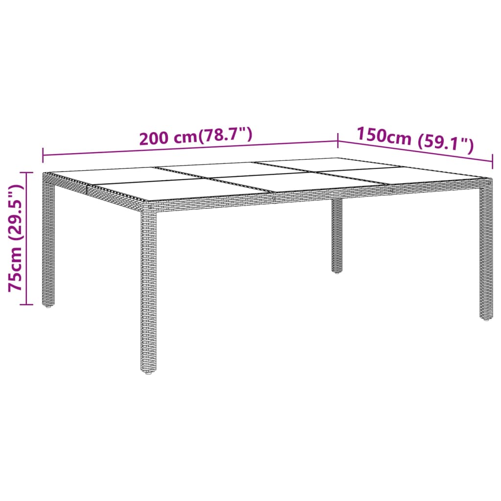 vidaXL dārza galds ar stikla virsmu, brūns, 200x150x75 cm rotangpalma