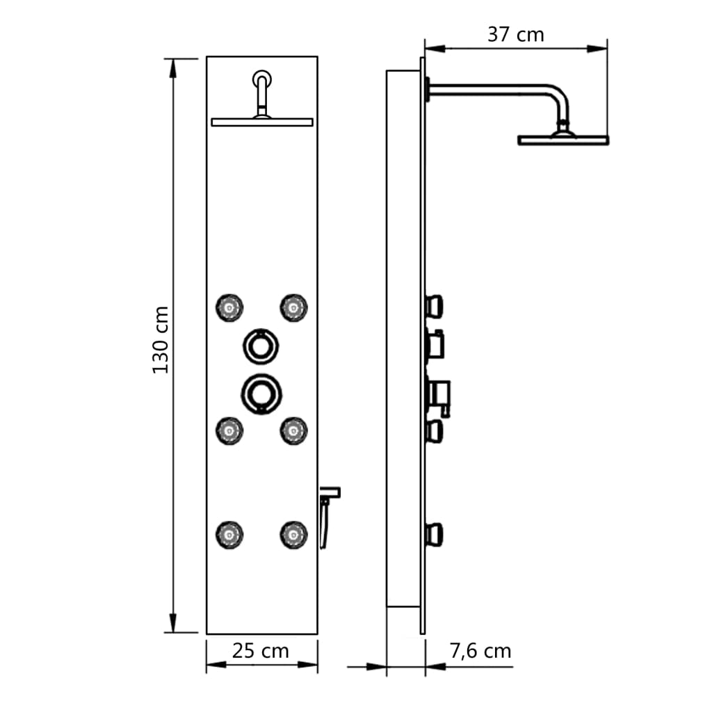 vidaXL dušas sistēma ar paneli, 25x44,6x130 cm, stikls, melna