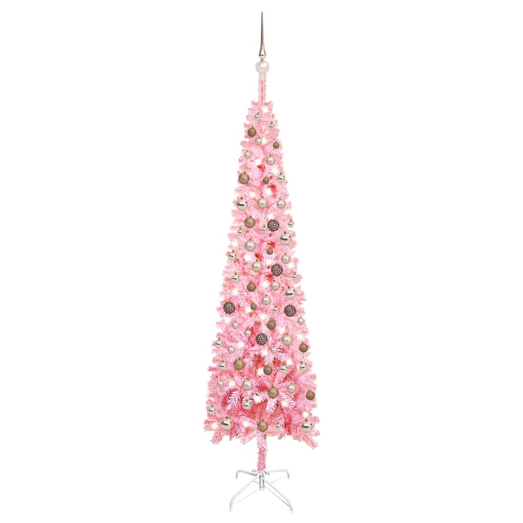 vidaXL izgaismota Ziemassvētku egle ar rotājumiem, rozā, 210 cm