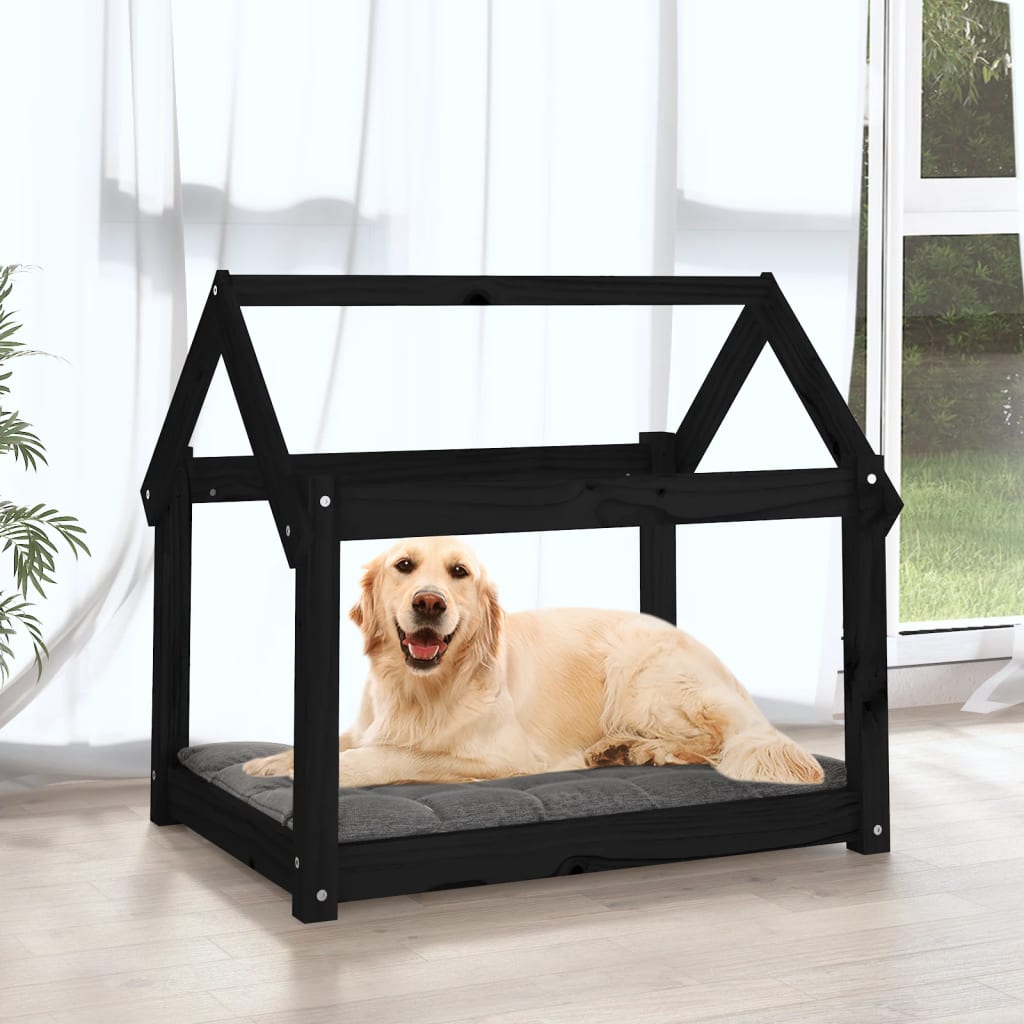 vidaXL suņu gulta, melna, 81x60x70 cm, priedes masīvkoks