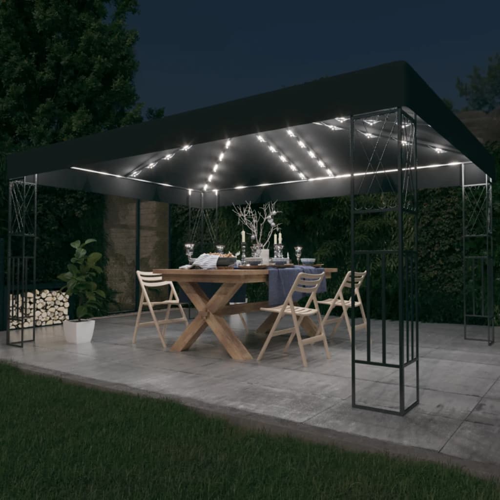 vidaXL dārza nojume ar LED virtenēm, 3x4 m, antracītpelēks audums