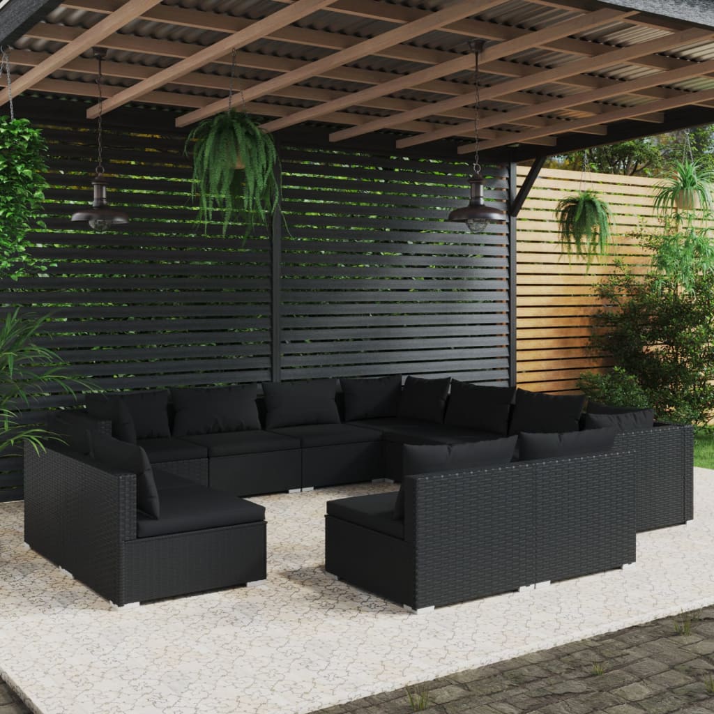 vidaXL 11-daļīgs dārza atpūtas mēbeļu komplekts, melna PE rotangpalma