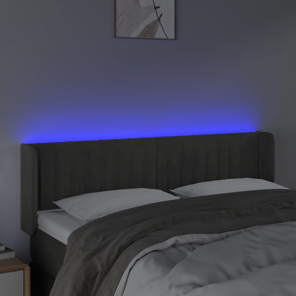 vidaXL gultas galvgalis ar LED, 147x16x78/88 cm, tumši pelēks samts