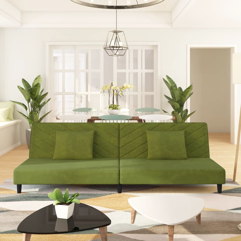 vidaXL 2-vietīga dīvāngulta ar diviem spilveniem, gaiši zaļš samts