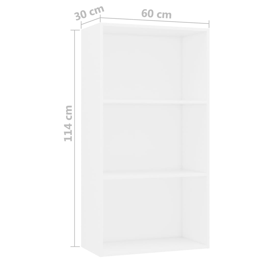 vidaXL 3-līmeņu grāmatu plaukts, balts, 60x30x114 cm, skaidu plāksne