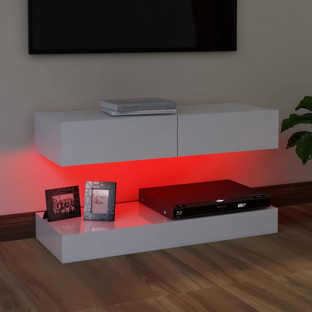 vidaXL TV plaukts ar LED lampiņām, 90x35 cm, spīdīgi balts